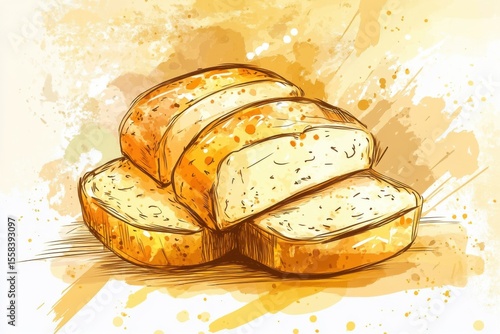 Hand-drawn Illustration of Freshly Baked Bread Loaves with Artistic Background in Warm Tones, Perfect for Culinary, Bakery, and Food Related Themes