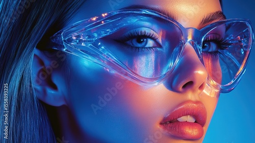 A futuristic fashion beauty look with holographic highlights and sleek hair 