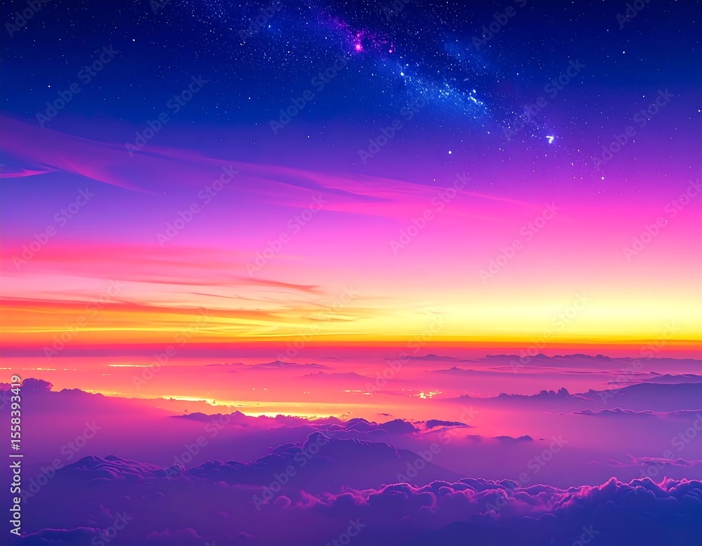 Fototapeta premium Colorful sunrise over clouds and mountains