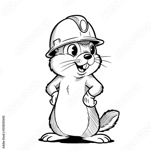 A smiling beaver stands confidently with a construction helmet, hands on hips, radiating cheerful energy.