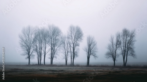 Leafless trees standing tall in a misty forest, offering a haunting, minimalist, or abstract aesthetic often used in thrillers, mystery, or design backdrops