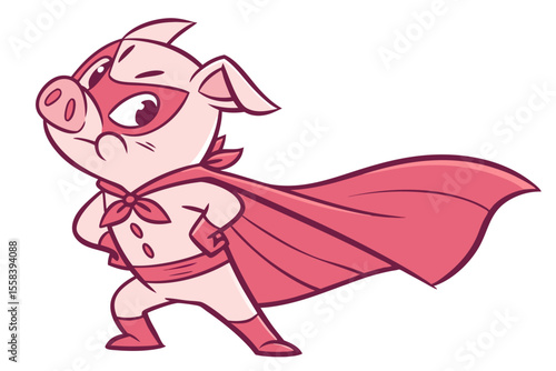 Vector cute Pig cartoon character, superhero pose, wearing a tiny cape, determined expression, comic book style, strong colors, isolated on white background