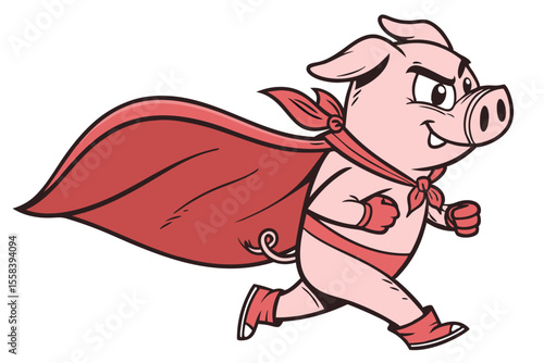 Vector cute Pig cartoon character, superhero pose, wearing a tiny cape, determined expression, comic book style, strong colors, isolated on white background