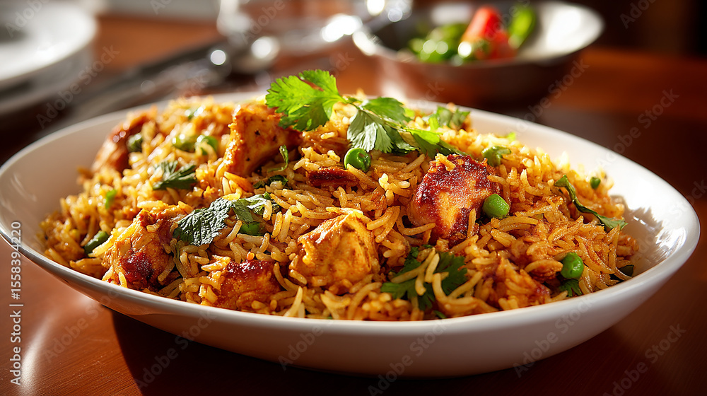 Photorealistic Close-Up of Delicious Chicken Biryani on Plate Photorealistic Close-Up of Delicious Chicken Biryani on Plate