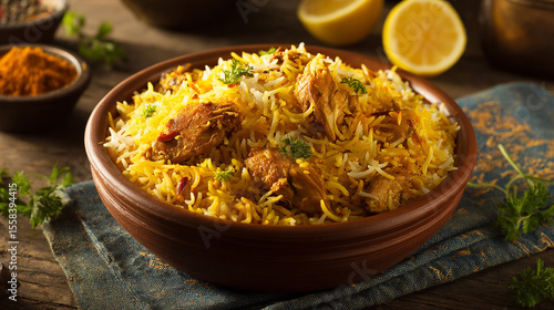 Photorealistic Close-Up of Delicious Chicken Biryani on Plate