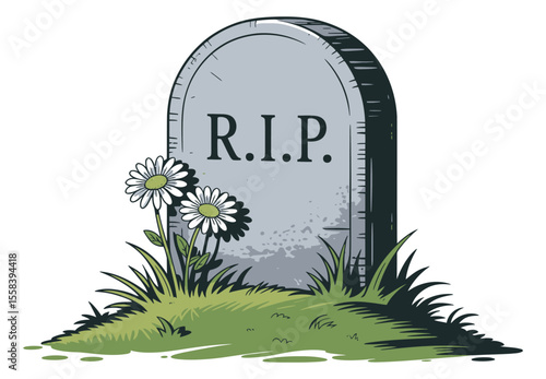 cartoon gravestone with rip inscription and white daisies on grass, symbolizing remembrance, rest in peace, loss, and mourning