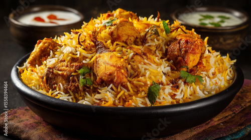 Photorealistic Close-Up of Delicious Chicken Biryani on Plate