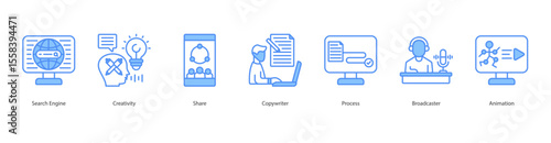 content creation banner web icon set vector illustration concept with icon of search engine, creativity, share, copywriter, process, broadcaster, animation