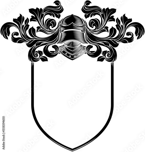 Coat of arms crest knight family medieval shield heraldry heraldic armorial motif. Featuring a knights helm helmet in a vintage etching engraving woodcut style