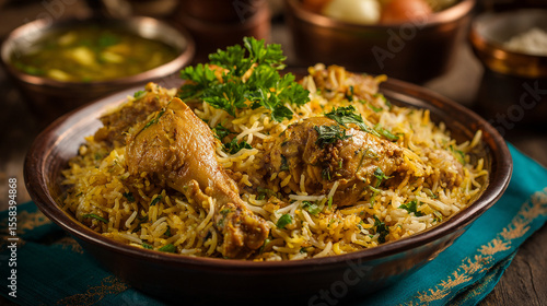 Photorealistic Close-Up of Delicious Chicken Biryani on Plate