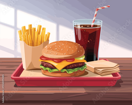 Classic fast food combo with cheeseburger, fries, and soda served on a red tray in bright sunlight, ideal for menu design or advertising