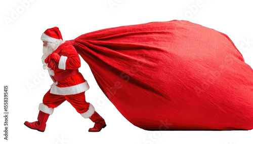 Santa Claus carrying a large red sack, walking