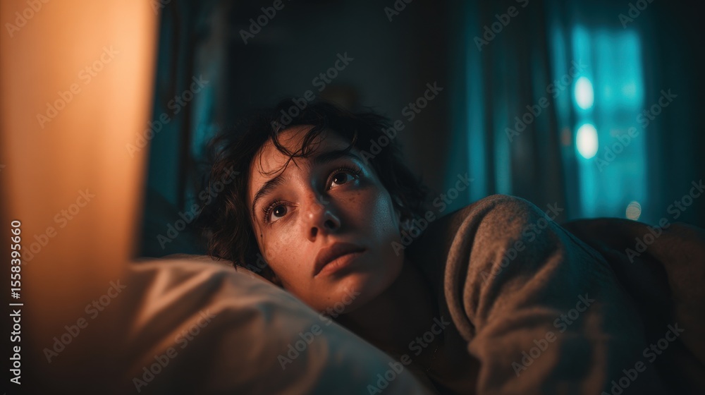 a young woman with insomnia, lying awake at night under warm ambient light, reflecting emotional tension and urban solitude. a young woman with insomnia, lying awake at night under warm ambient light, reflecting emotional tension and urban solitude.