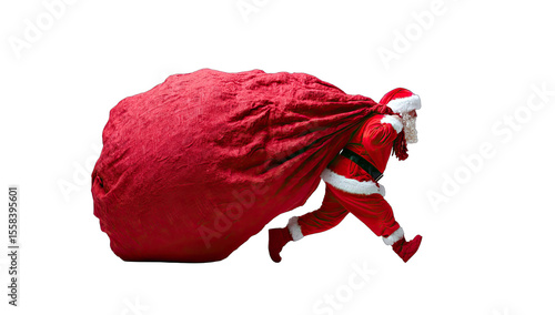 Santa Claus, heavily laden with a large red sack, runs swiftly
