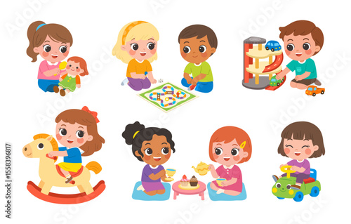 Various happy children engaging in fun indoor play activities, including riding toys, having tea parties, and playing board games, , doll play, and ride-on toys on white background.