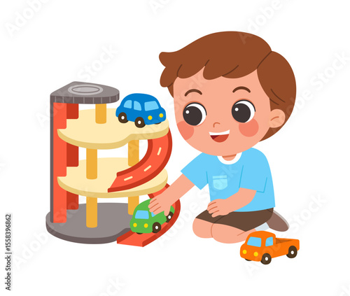 Happy boy playing with toy garage and cars. A cheerful boy in a blue shirt playing with a colorful toy garage and cars. Great for themes of childhood, creativity, and early learning.