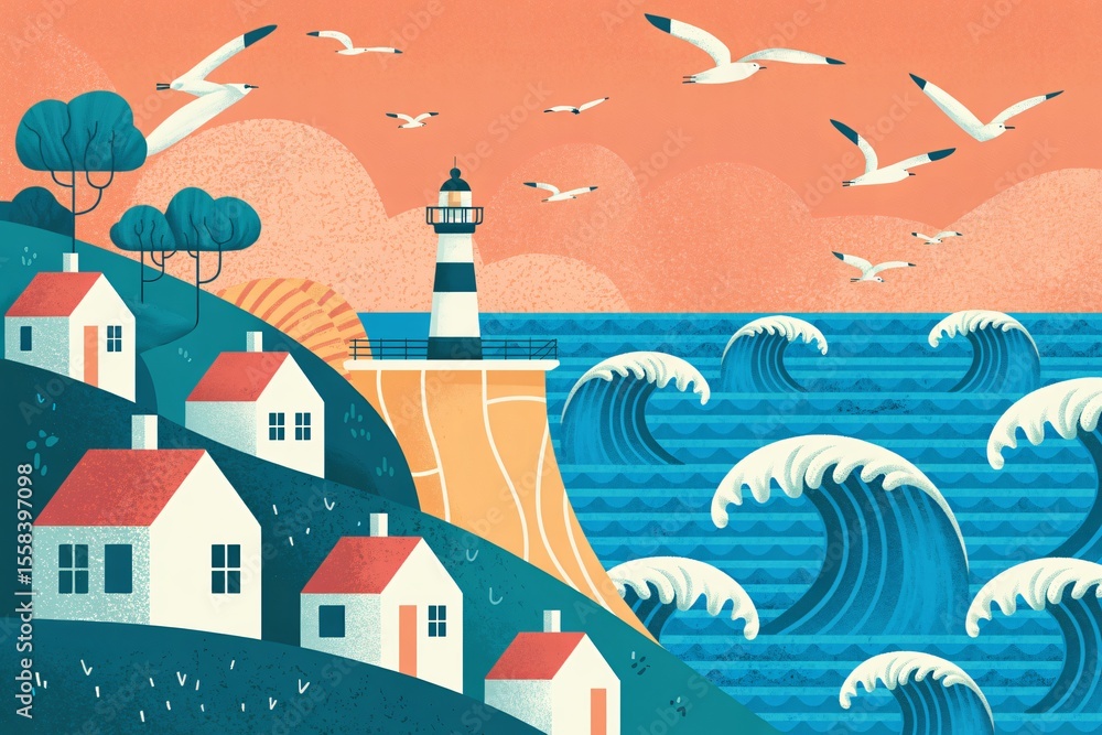 Naklejka premium This is a charming vector illustration of a seaside village. Quaint houses with red roofs dot a green hill leading down to a cliff with a lighthouse, as stylized waves crash in the blue sea. 