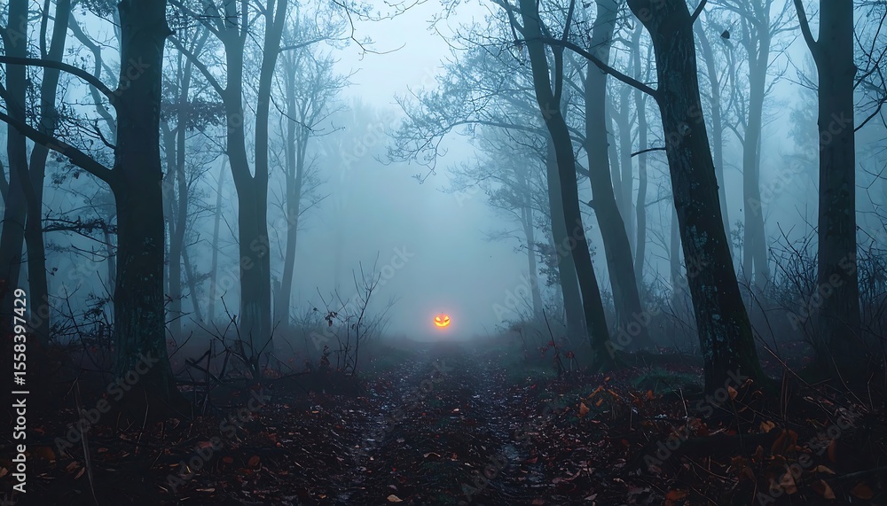 Fototapeta premium Poster, haunted forest, fog, eerie trees