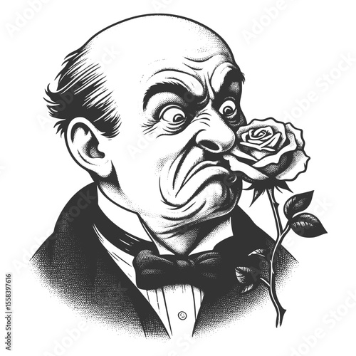 Funny serious bald man sniffing a rose with a highly skeptical and intense expression sketch engraving generative ai fictional character vector illustration. Scratch board. Black and white image.