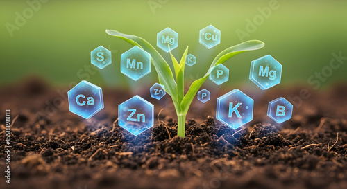 Young sprout emerging from soil, surrounded by glowing chemical elements