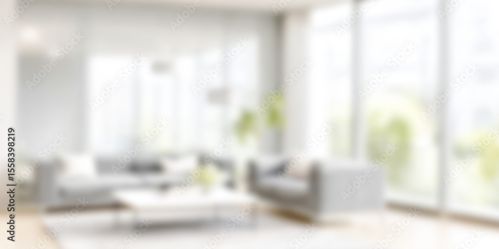 Fototapeta premium Serene living room with grey sofas and large windows creating a tranquil atmosphere