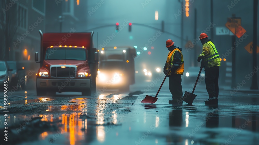 Fototapeta premium Workers clearing street debris in urban setting.