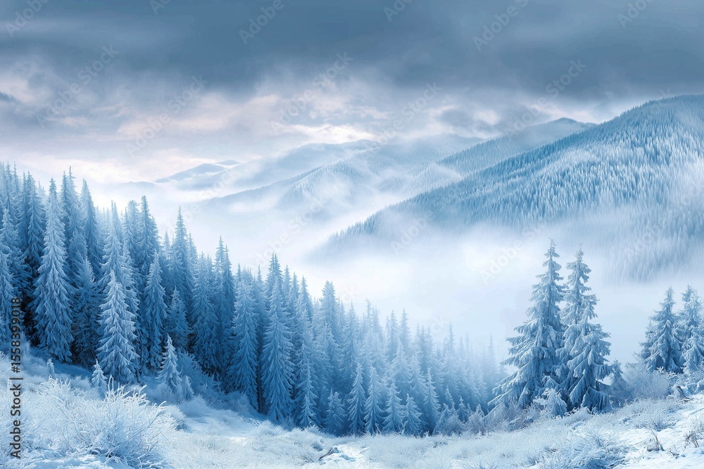 Obraz premium Stunning winter forest landscape with snow-covered trees under a foggy sky. Highly detailed and realistic scene with soft atmosphere, perfect as Christmas background, seasonal wallpaper, or holiday de