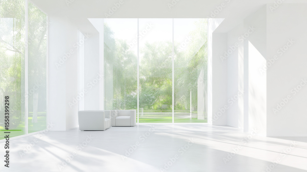 Fototapeta premium Elegant minimalist interior design with large windows offering a serene garden view