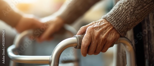 The support of hands guiding an elderly person with a walker.