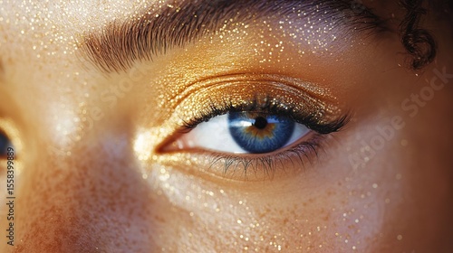 A close-up of a womanâ€™s eyes with shimmering gold eyeshadow and winged liner 