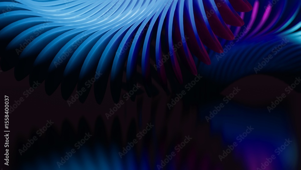 Obraz premium Cool modern dark abstract background of blurred graphics of blue and pink gradient spiral waves in shades. 3D rendering of blue lines with neon bright light reflections. Copy space for your text