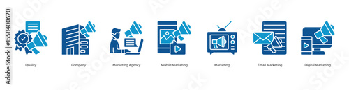 Marketing Solution banner web icon set vector illustration concept with icon of quality, company, marketing agency, mobile marketing, marketing, email marketing, digital marketing
