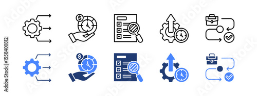 Productivity management icon set with Resource allocation, Time allocation, Transparency, Productivity, Workflow.