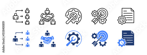Productivity management icon set with Delegation, Collaboration, Optimization, Goal setting, Project management.