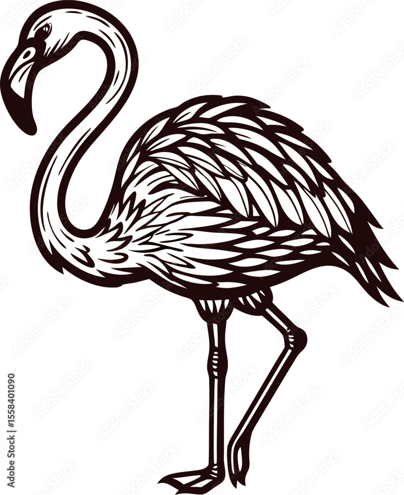 Obraz premium Hand drawn vintage flamingo bird illustration in black and white isolated on plain background
