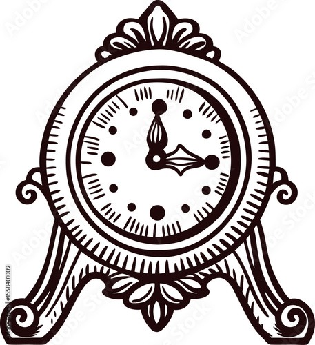 Ornate vintage table clock sketch with decorative flourishes and roman numerals illustration