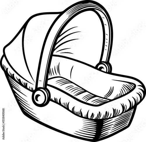 Hand drawn vintage baby bassinet with canopy isolated on white engraved sketch illustration for nursery design