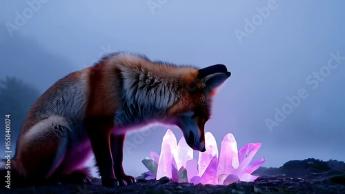 Fox exploring crystal formations in magical forest