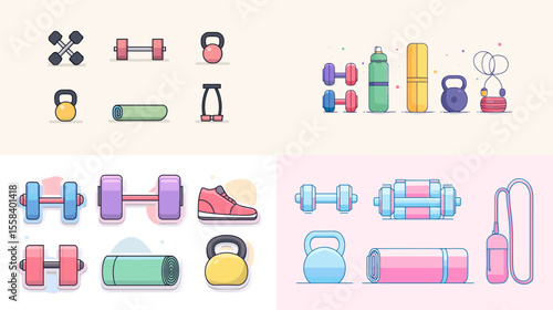 Modern flat vector icons of gym equipment including dumbbells, kettlebells, mats, and jump ropes. Perfect for fitness apps, infographics, and wellness branding.

