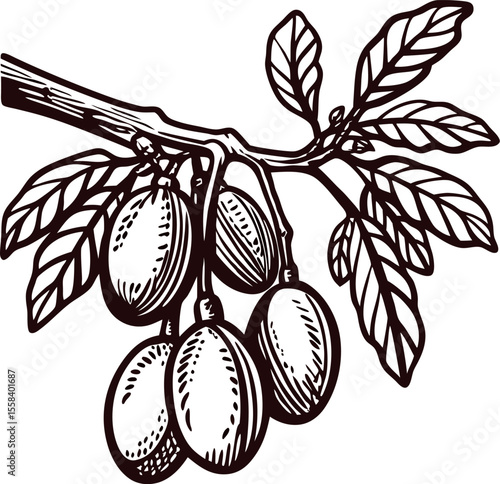 Detailed hand drawn illustration of ripening olives on a branch with leaves in vintage botanical engraving