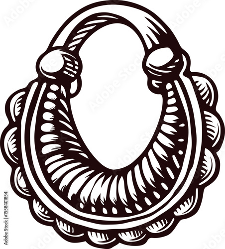 Vintage engraved illustration of an ancient hoop earring with detailed ornamental scallop and bead design
