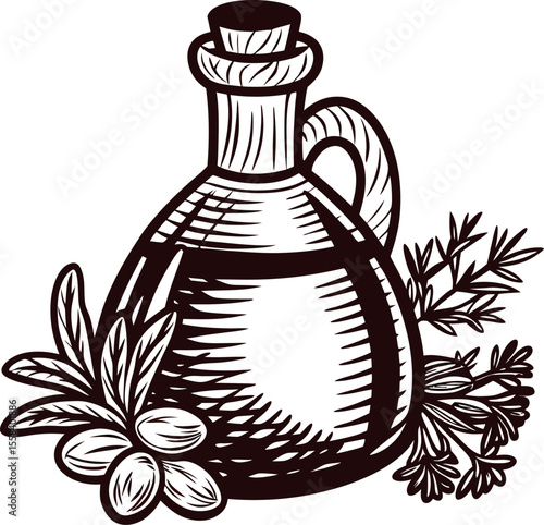 hand drawn glass oil cruet with olives and herbs vintage botanical kitchen illustration