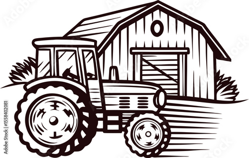 Vintage engraved illustration of a traditional barn and farm tractor in rural countryside setting