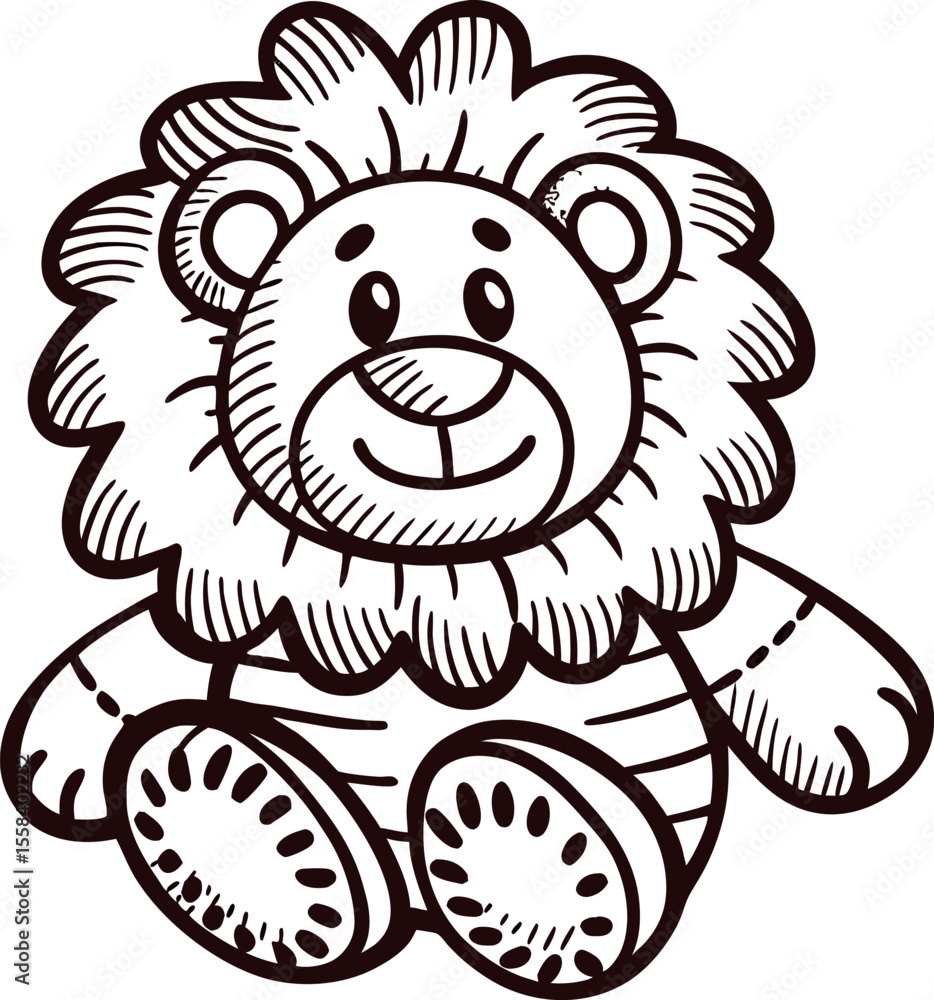 Obraz premium Cute hand drawn lion plush toy illustration with face and fluffy mane, sketch outline isolated on white