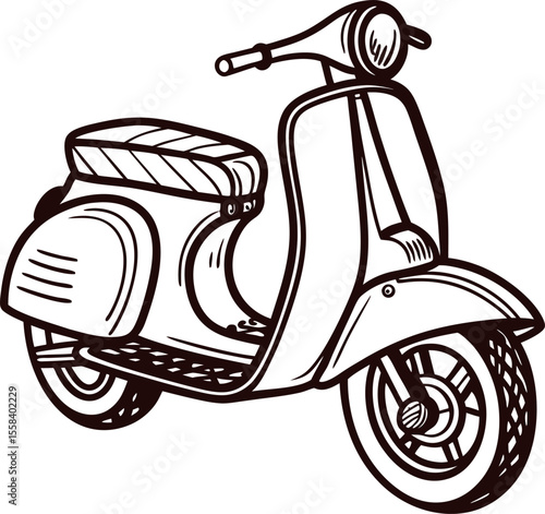 Vintage hand drawn scooter illustration with classic seat and retro handlebar in black and white