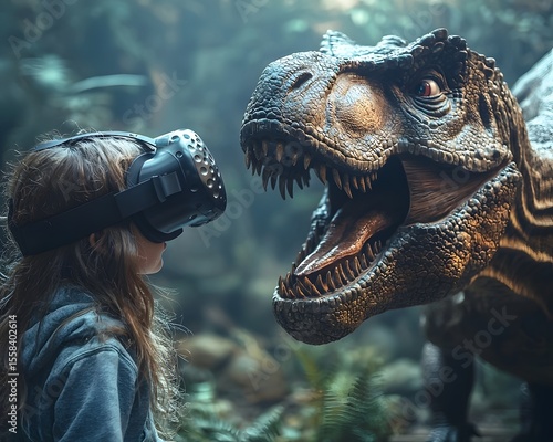 Fototapeta Naklejka Na Ścianę i Meble -  A child explores a virtual dinosaur park through VR with a giant T Rex roaring in the background