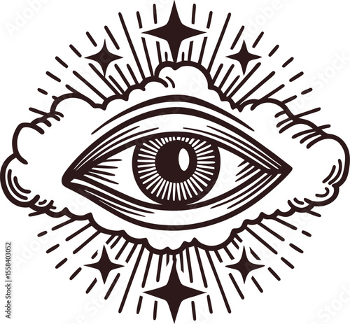 Mystical all seeing eye within cloud surrounded by shining stars in vintage engraved illustration