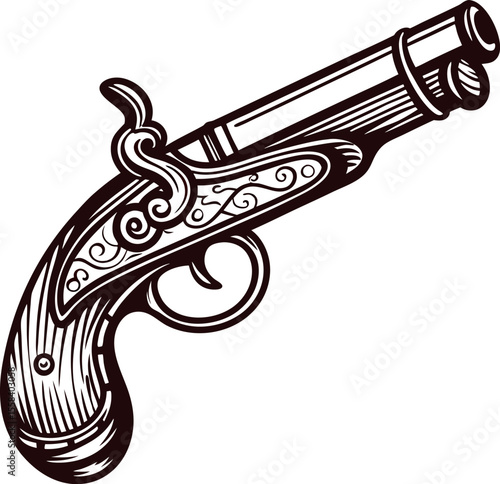 Antique engraved flintlock pistol illustration in vintage hand drawn with ornate details