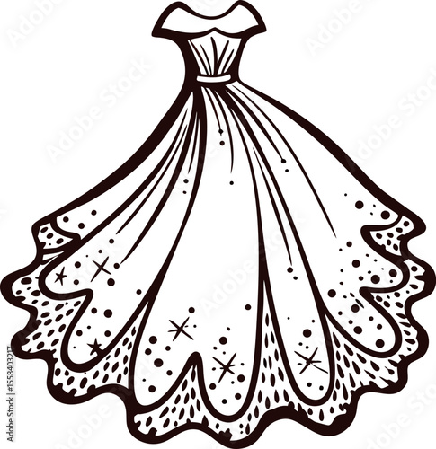 Elegant hand drawn evening dress with sparkling embellishments and flowing skirt, black outline illustration