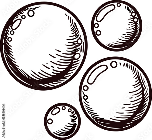 Hand drawn soap bubbles isolated on white background vintage engraved illustration in black and white